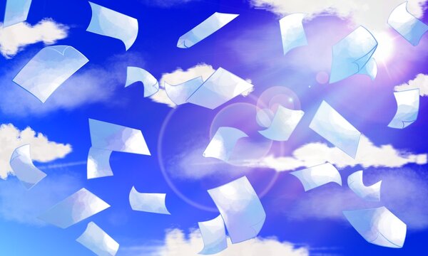 大空に沢山の紙が舞うエモい風景背景★手描きイラスト