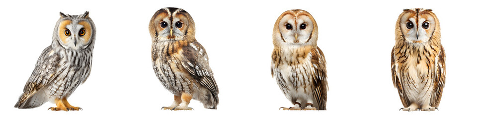 Fototapeta premium Charming collection of various owls in natural poses, showcasing their distinctive feathers, colors, and expressions, perfect for wildlife photography and nature lovers