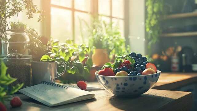 Healthy breakfast or snack in a bright kitchen with fresh fruits and herbs