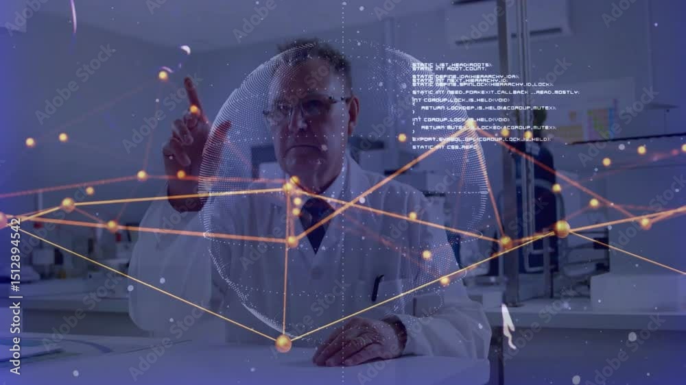 Poster senior scientist materializing holographic globe in lab, exploring network nodes and updating code