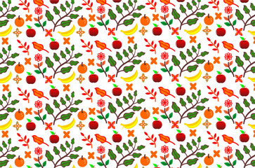 Colorful floral pattern with berries. Seamless nature with flowers and branches. Bright decorative background with garden elements. Folk-style floral pattern in vibrant colors.