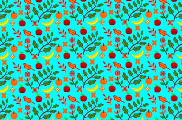 Colorful floral pattern with berries. Seamless nature with flowers and branches. Bright decorative background with garden elements. Folk-style floral pattern in vibrant colors.