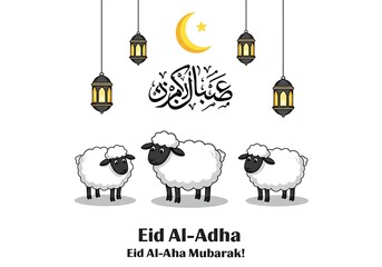 Eid al-Adha mubarak with sheep, moon, star and lanterns isolated on white