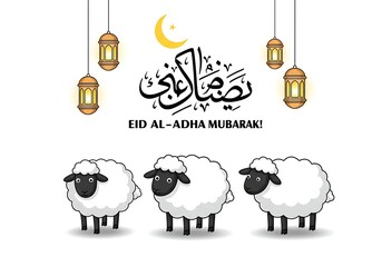 Eid al-Adha Mubarak greeting with sheep isolated on white background