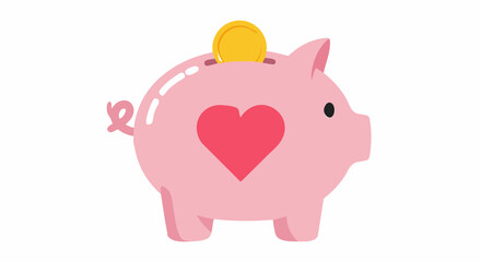 Charity donation concept pink piggy bank with heart and gold coin for savings and financial planning illustration vector design