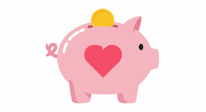 Charity donation concept pink piggy bank with heart and gold coin for savings and financial planning illustration vector design