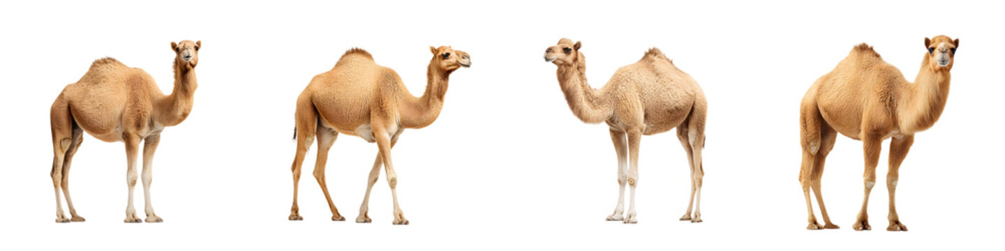 Majestic camels in diverse poses highlighting their graceful features, showcasing their adaptability and captivating presence in desert landscapes, perfect for wildlife and nature themes