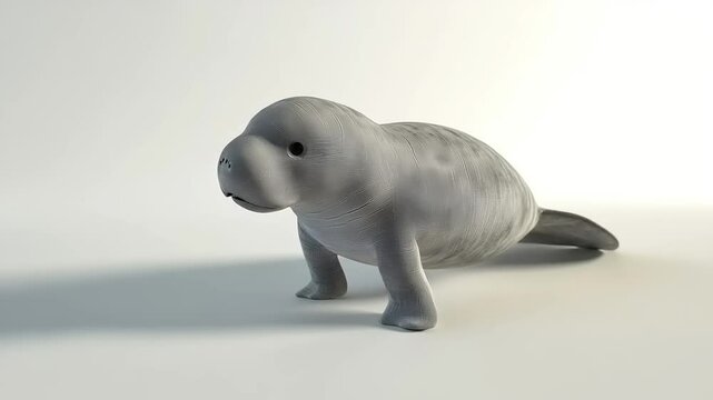 Gentle Gray Manatee Calf 3D Rendering on White Seamless Background Studio Shot