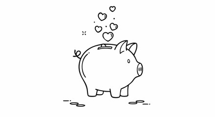 Charity donation concept piggy bank with hearts falling in for savings and love of money management and financial planning success