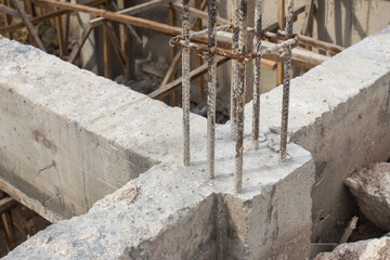 steel bars reinforcement column on concrete foundation, Construction tool in a construction site