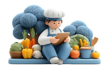 Cartoon chef checking recipe on tablet surrounded by fresh vegetables garden