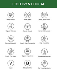 Sustainable, Ethical, Vegan, Vegetarian, Eco, Eco-Friendly, Line Icon, Minimal, icon, symbol, vector, business, illustration, website, earth, b-corp, female owned, fair trade, icons, buttons