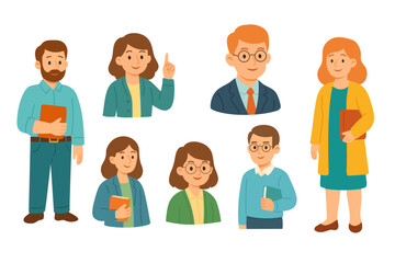 Cartoon vector set of teacher characters in different outfits and poses. Great for school and education themes.