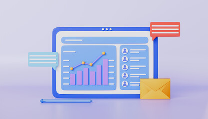 Tablet displaying data analytics, charts, and email notifications