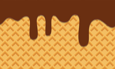 Chocolate melted on waffle background. Sweet ice cream flowing down on cone. Vector Illustration.