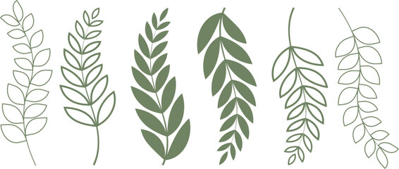 Elegant Line Art Leaf Collection for Various Design Purposes, tropical leaves collection. Hawaiian plants set.