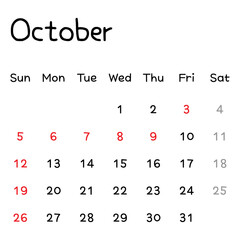 Simple October 2025 Monthly Calendar. Printable Calendar.