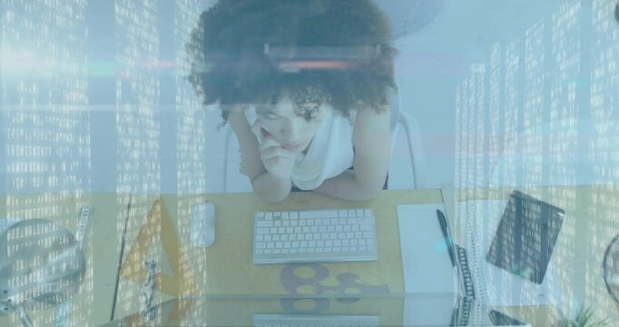 Developer typing then calling and analyzing code, pointing then resuming typing under floating code