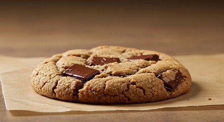 Delicious chocolate chunk cookie resting on parchment paper with a warm, inviting glow and tempting texture