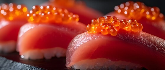 A close-up view of fresh sushi, showcasing vibrant slices of tuna topped with exquisite fish roe