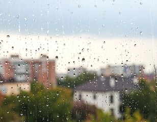 Rain-streaked window view of city buildings and trees