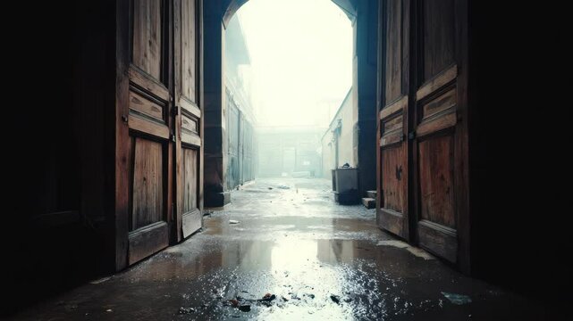 Wet laneway after old wooden door opened