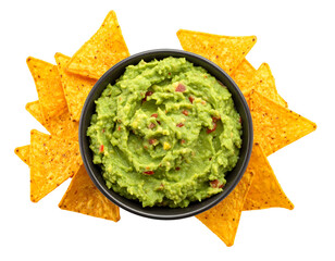 Overhead view of the dish in a bowl surrounded by chips on a transparent background