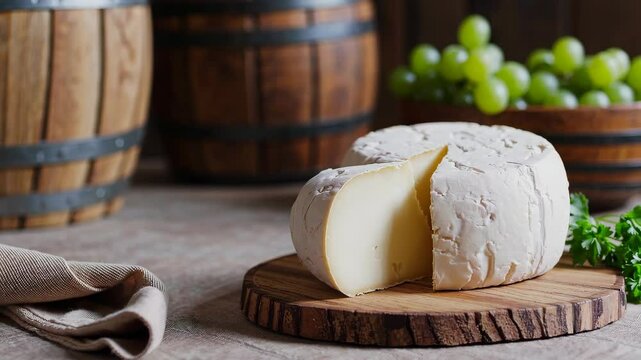 Delicious cheese tasting with grapes and wooden barrel ambiance in rustic setting gourmet food pairing