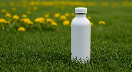 Clean Minimalist White Reusable Water Bottle Lying On Green Grass