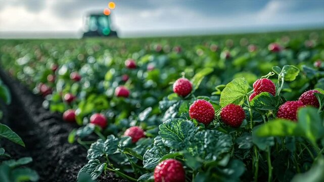 Lush raspberry field with ripe berries.  A tractor is visible in the background