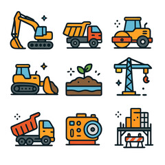 set of construction machines and trucks