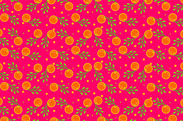 Oranges fruit pattern background with green leaves. Vector illustration.