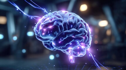 Glowing holographic brain floating mid-air