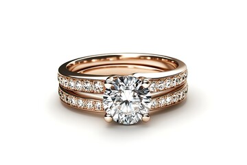 Close up of a rose gold engagement ring with a large diamond and pave set band on a white background