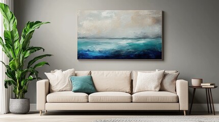 Scandinavian style ,a wall-art mock up ,A beautiful painting hangs as the visual centerpiece on a warm Scandinavian style living room. Below the painting 