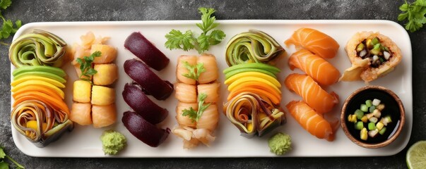 A colorful platter of assorted sushi rolls and nigiri, garnished with herbs and wasabi, served on a rectangular white plate.