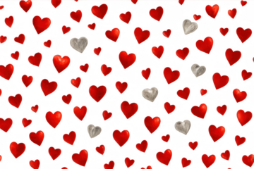 Repeating red and white hearts floating against transparent backdrop, symbolizing love and romance for festive designs