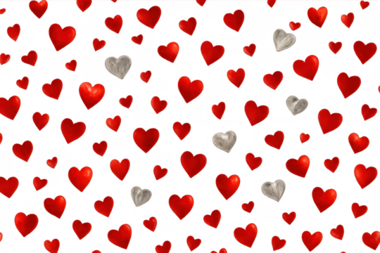Repeating red and white hearts floating against transparent backdrop, symbolizing love and romance for festive designs