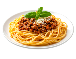 Spaghetti Bolognese on a white plate with fresh basil and grated cheese on a transparent background
