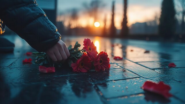 A person laying flowers at a memorial for victims of terrorism, Terrorism, Emotional and reflective