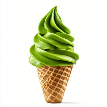 Delicious Green Matcha Soft Serve Ice Cream in Waffle Cone