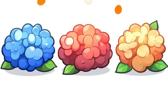 Colorful Hydrangea Cluster Animation, Vibrant Blue, Red, and Orange Cartoon Style Blooms