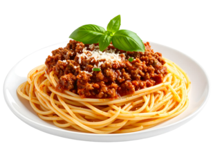 Delicious pasta with fresh basil and grated cheese on a white plate, isolated on transparent background