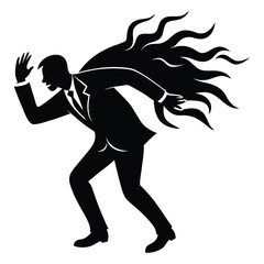 A silhouette of a businessman struggling against strong wind, leaning forward with briefcase in hand, symbolizing perseverance and resilience amid challenges.
