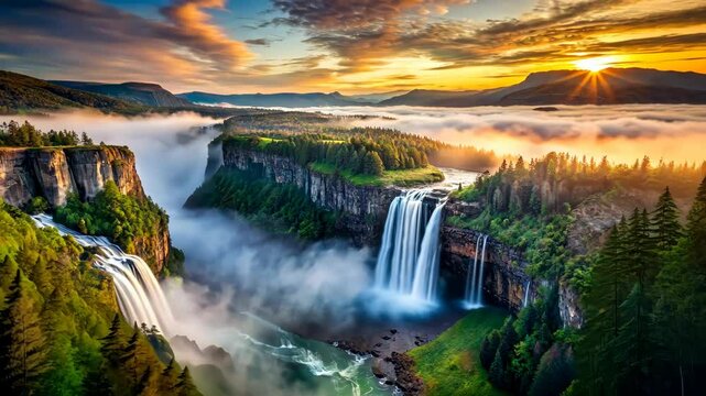Majestic waterfalls cascade into a misty valley at sunrise