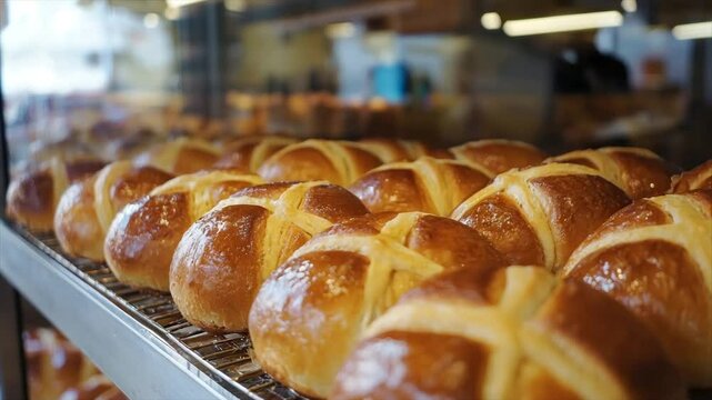 Freshly baked pastries in a bakery display case.  Rows of golden-brown, glazed, cross-shaped buns