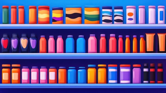Colorful bottles and containers illustration display. Shelves with vibrant packaging and organized product arrangement. Retail display, modern abstract design, commercial, bright background,