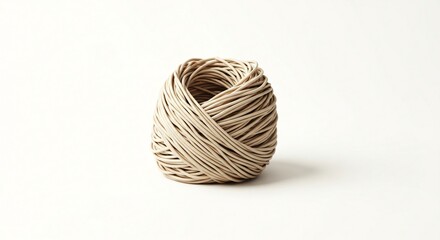 Close-up of a neatly coiled ball of light beige twine or string on a white background