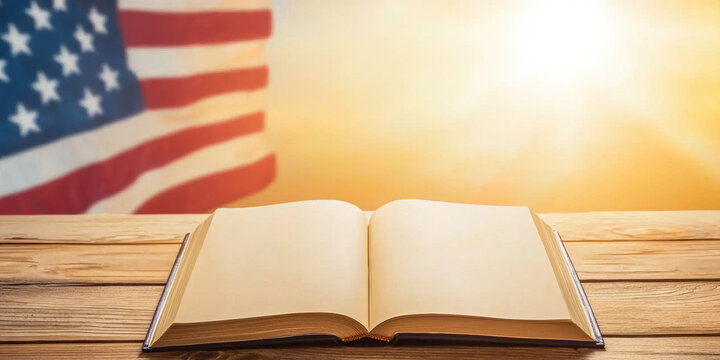 An open book on a wooden table with a blurred American flag in the background, illuminated by warm sunlight.