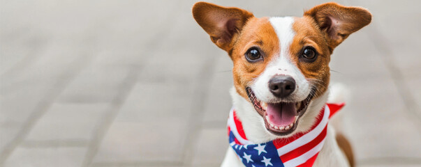  cheerful dog with an American flag bandana sits on a paved surface, looking directly at the camera.